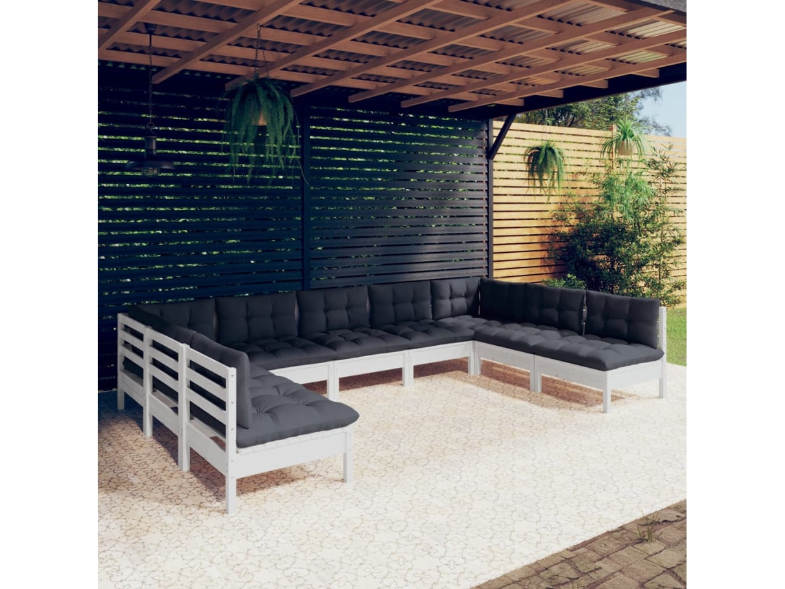 9 Pcs Conj. Lounge De Jardim C/ Almofadas Pinho Maciço Branco Dkd Home Decor