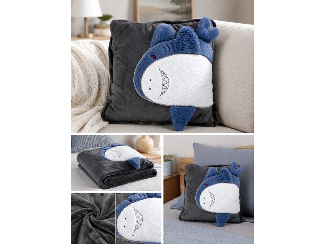 Almofada Manta Tubarão Cinza Escuro Pelúcia 38x38cm VOLTEDGE