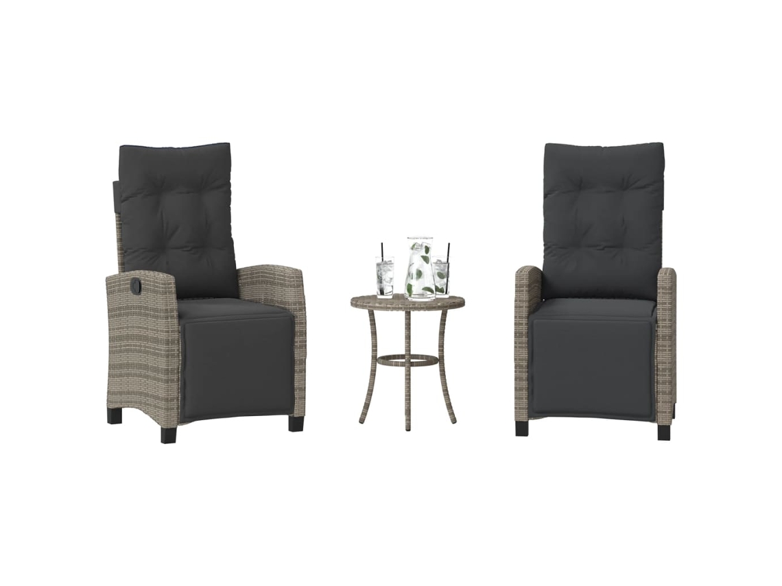 Vidaxl 3 Pcs Conjunto Bistrô com Almofadões Vime Pe Cinza