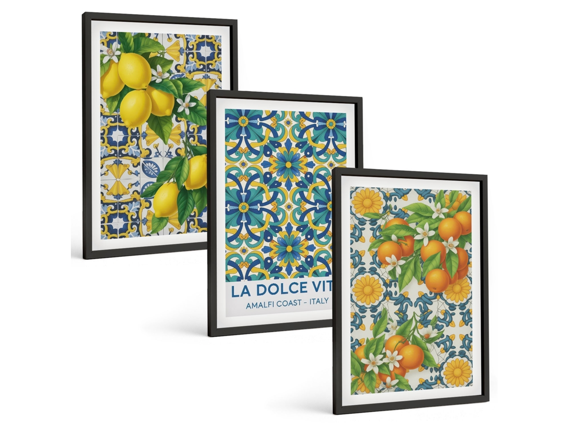 Composição De Quadros Limões, Flores, Laranjas, Itália Moldura Preta Pinturas De Quarto Espelharte (3 Piezas De 40x60 Cm)