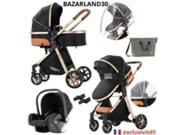 Bazarland30. Carrinho 3 Em 1 Bebê Combinado Cadeira Auto Nacelle Trio Reversível Ajustável Alta Qualidade Rodas Inquebráveis Cana. Preto
