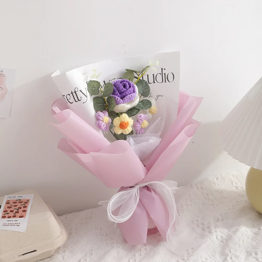 Buquê De Crochê Com Flores Artificiais, Buquê Criativo Feito À Mão, Flor Preservada