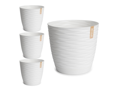 Conjunto de 4 vasos decorativos redondos de 27 cm com placas integradas. Branco ARECA