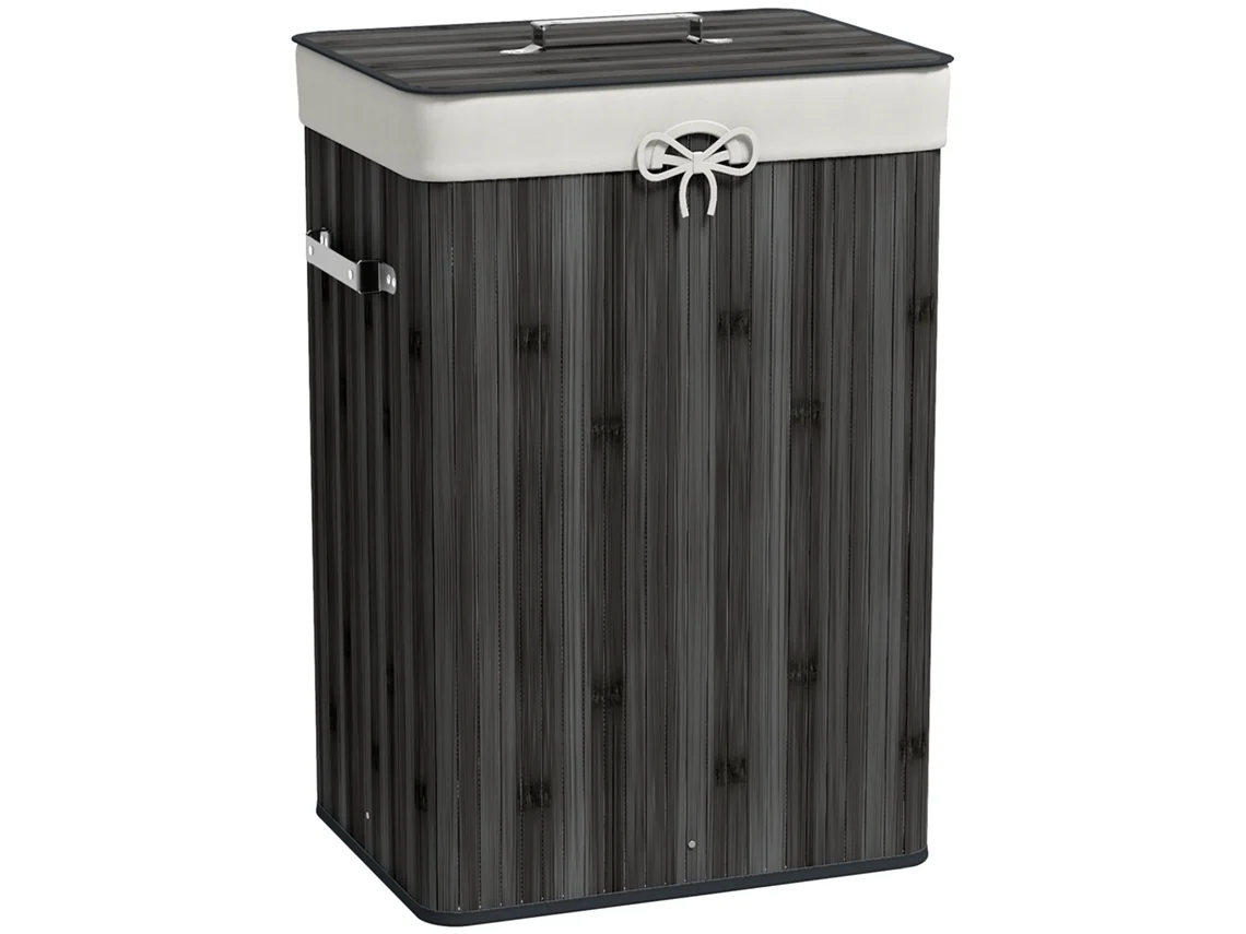 Cesto de Roupa Bambu, Pu e Lona Cor Cinzento 40x30x60 cm Homcom