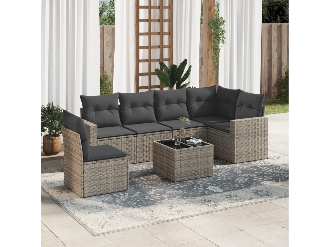 Vidaxl 7 Pcs Conjunto Sofás P/ Jardim C/ Almofadões Vime Pe Cinzento