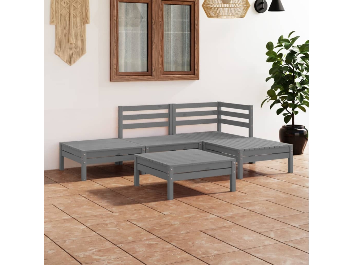 Vidaxl 5 Pcs Conjunto Lounge De Jardim Pinho Maciço Cinzento