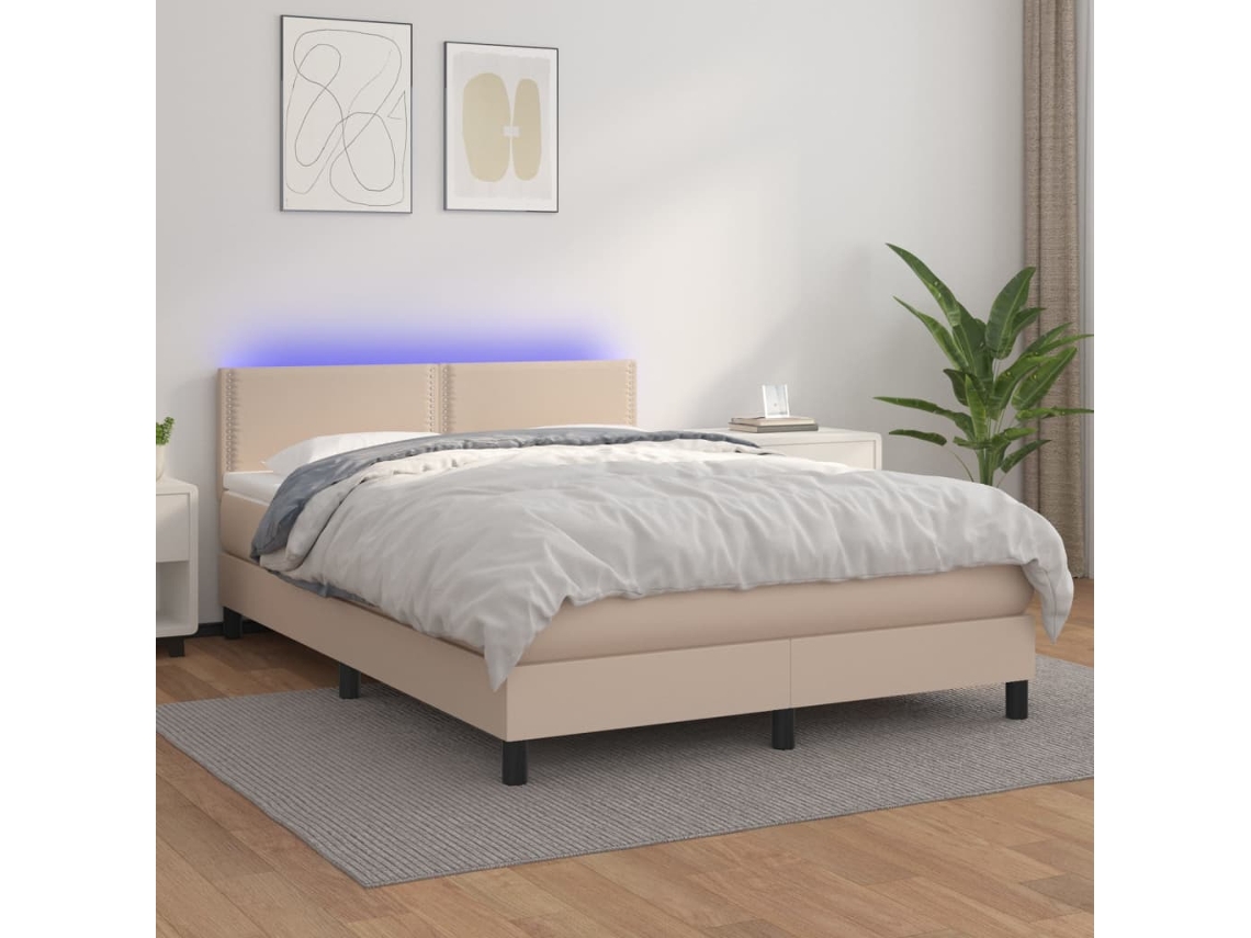 Cama Box Spring C/colchão/led 140x190cm Couro Artif. Cappuccino