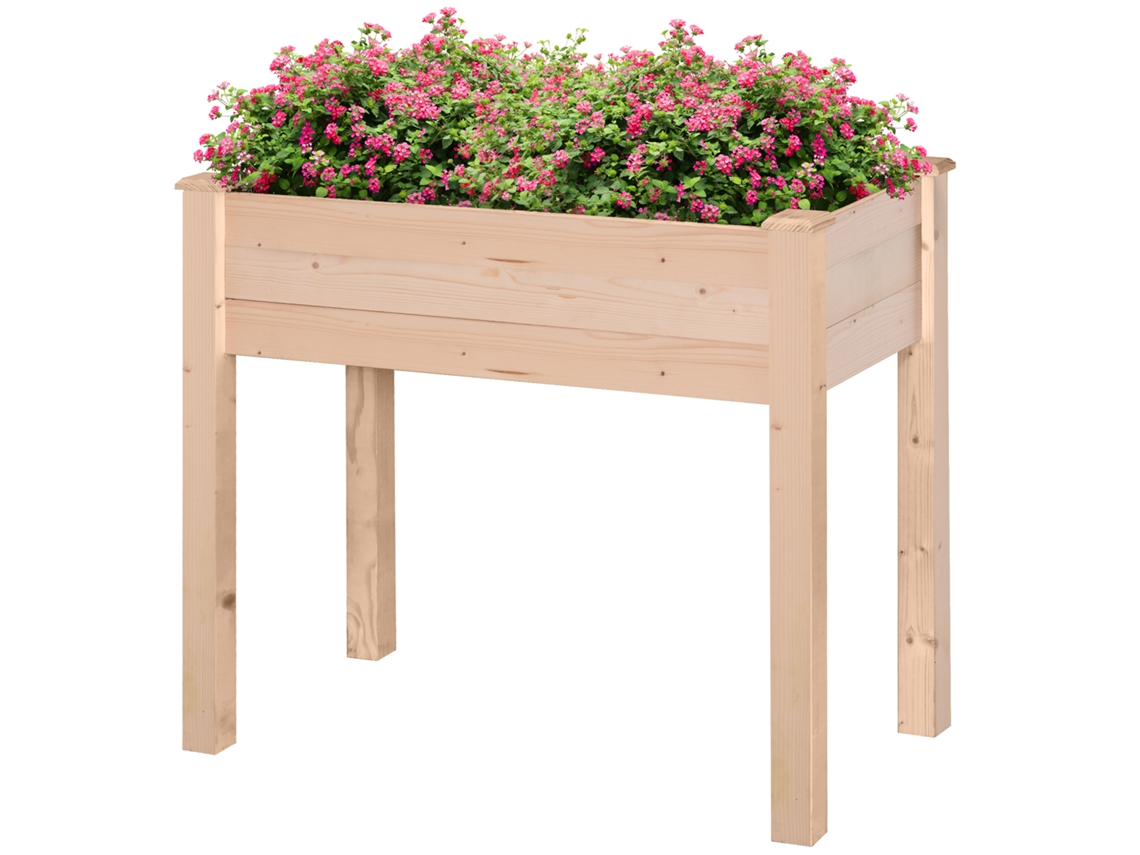 Vaso Madeira Elevado 86x46x76 Com Furos Drenagem E Tecido Não Tecido, Natural