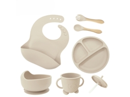 Conjunto de Utensílios em Silicone para Alimentação Infantil, com Ventosas na Base, 6 Peças Branco Off white PANOONA