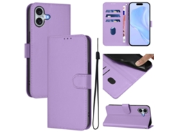 Capa De Couro Sintético Para Iphone 16 Plus - Toque Suave - Cor Sólida - Com Cordão