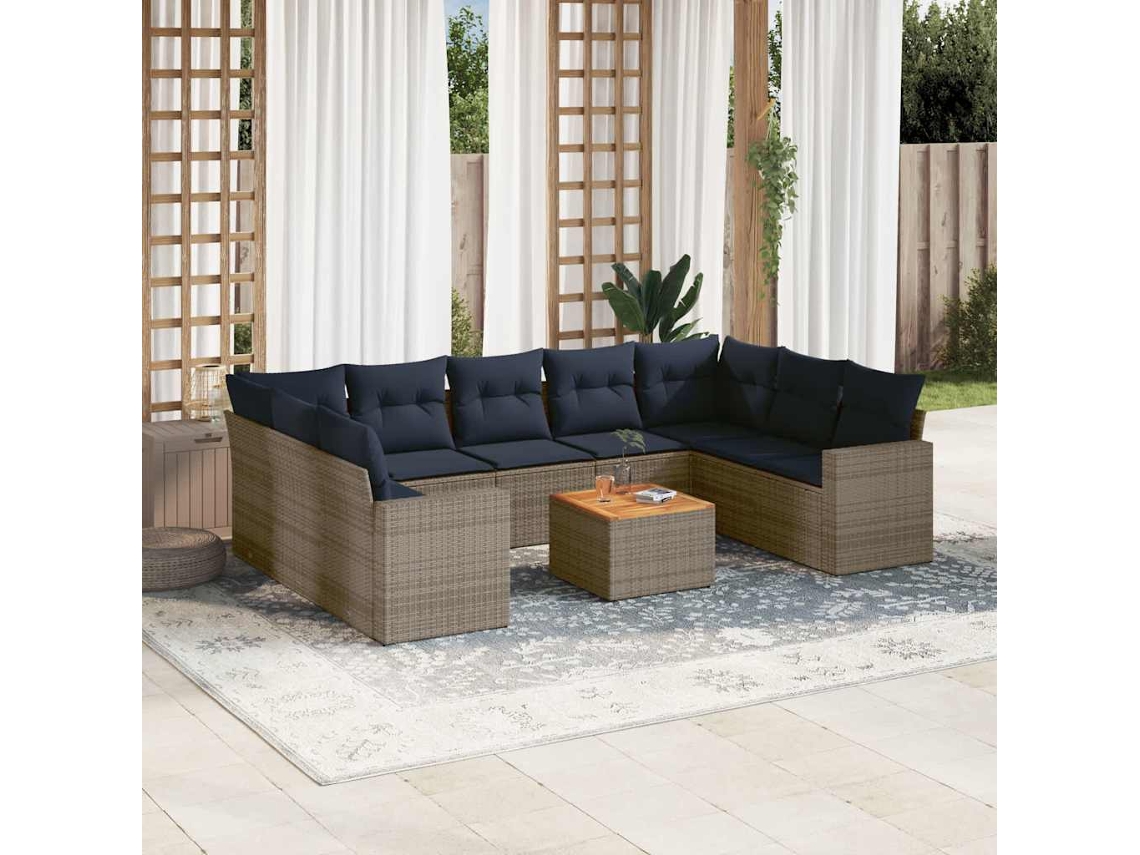 Vidaxl 10 Pcs Conjunto Sofás P/ Jardim C/ Almofadões Vime Pe Cinzento