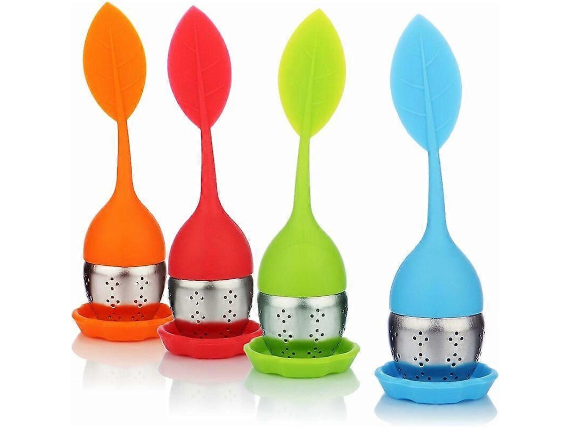 4 Infusores de Chá de Aço Inoxidável e Silicone com Tampa e Prato em Cores Verde, Laranja, Azul e Vermelho