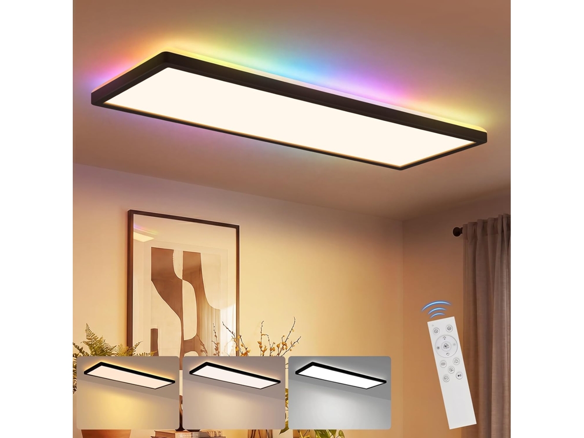 Candeeiro de Teto Led Preto Retangular Rgb Regulável de 58x20cm 22w com Comando Ideal para Oficina Corredor Cozinha e Sala de Estar ZMH