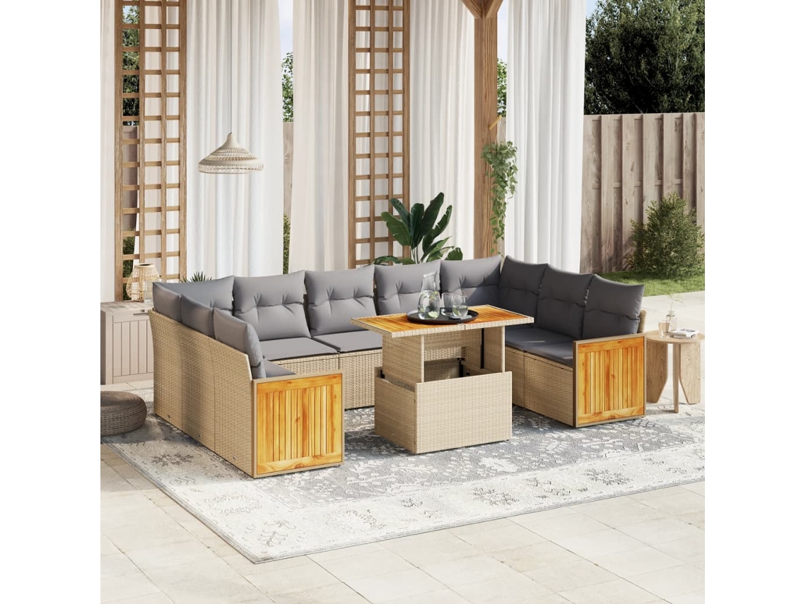 Vidaxl 10 Pcs Conjunto De Sofás P/ Jardim Com Almofadões Vime Pe Bege