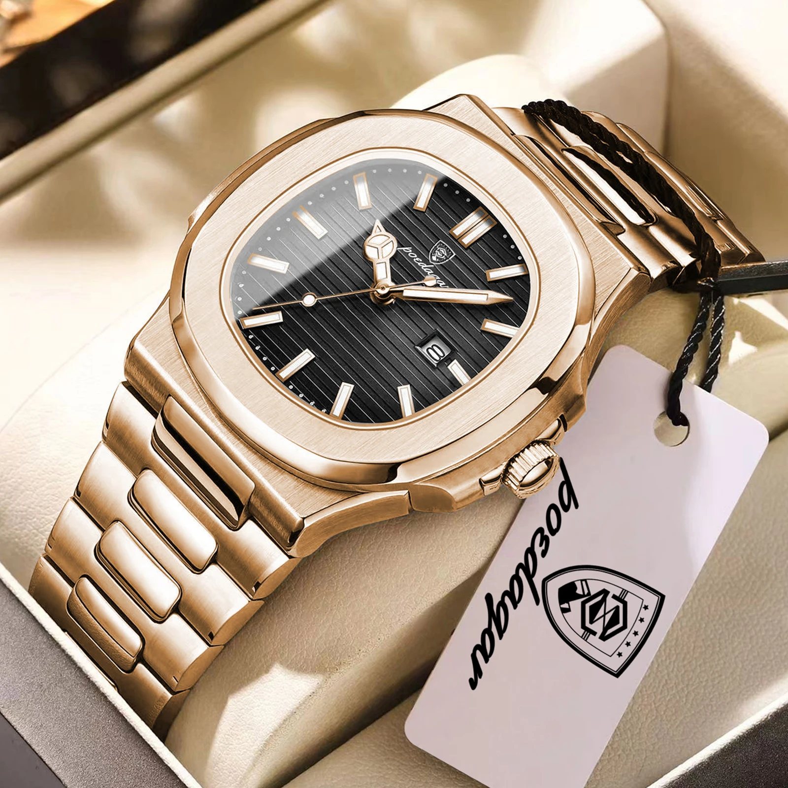 Relógio De Pulso Masculino De Luxo Para Negócios, Em Ouro Rosa E Preto, Com Movimento De Quartzo, Resistente À Água, Luminoso E Com Indicador De Data.