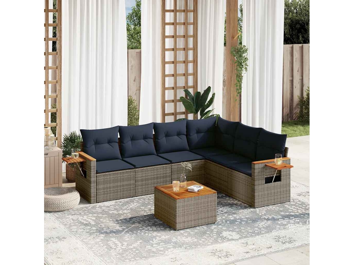 Vidaxl 7 Pcs Conjunto Sofás P/ Jardim C/ Almofadões Vime Pe Cinzento