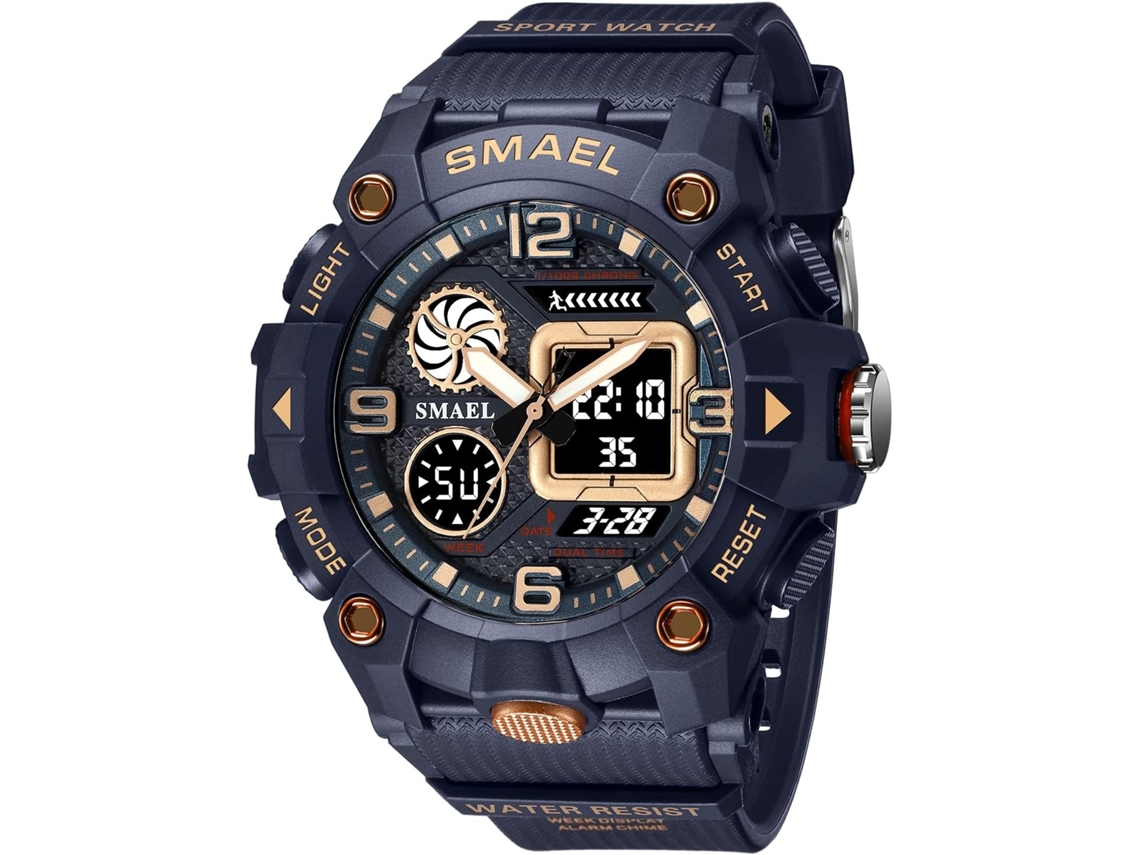 Lurelia Relógio Digital Desportivo, Visor Digital, Led, Cronómetro, Alarme, Data/calendário, 12/24h, Luminoso, Duplo Fuso/mostrador, Dourado