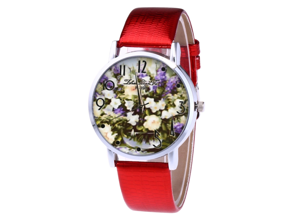 Relógio analógico de quartzo Zhoulianfa para homens e mulheres com pulseira de couro PU vermelha.