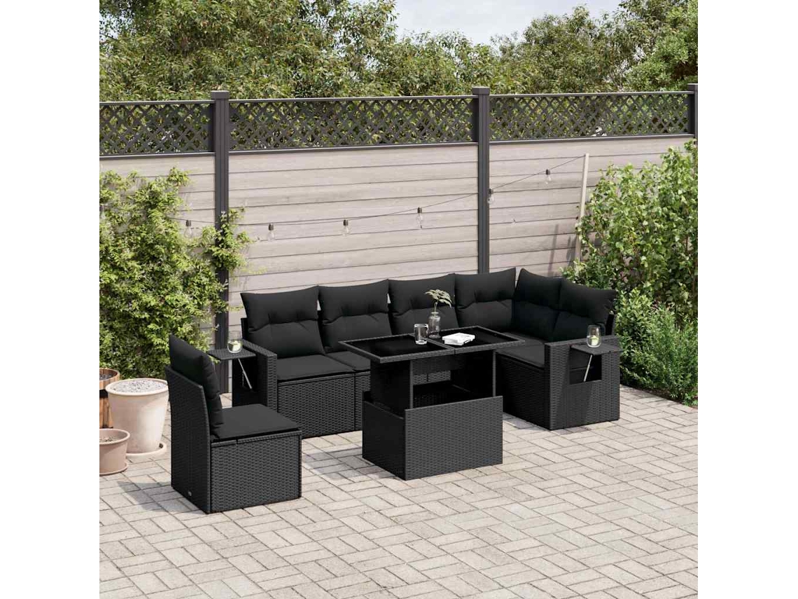 7 Pcs Conjunto De Sofás P/ Jardim C/ Almofadões Vime Pe Preto Dkd Home Decor