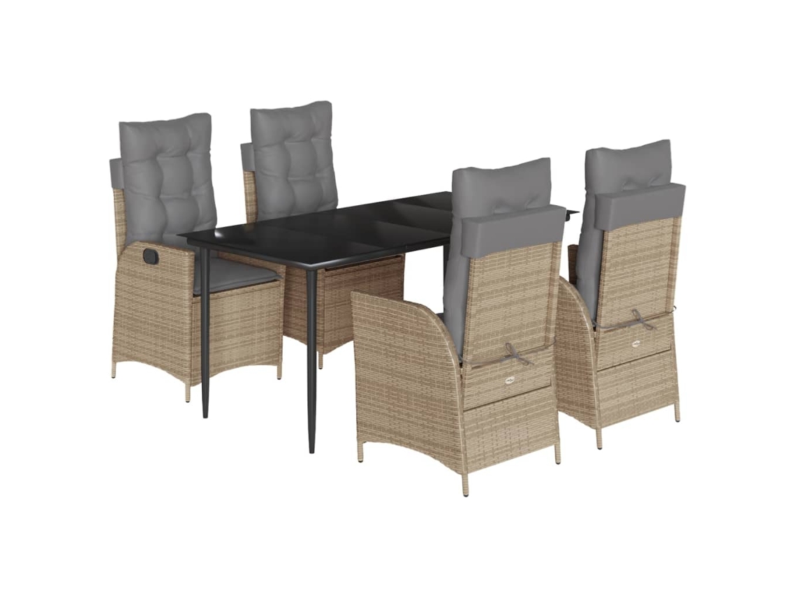 Conjunto 5 de jantar p/ jardim com almofadões VIDAXL vime PE bege