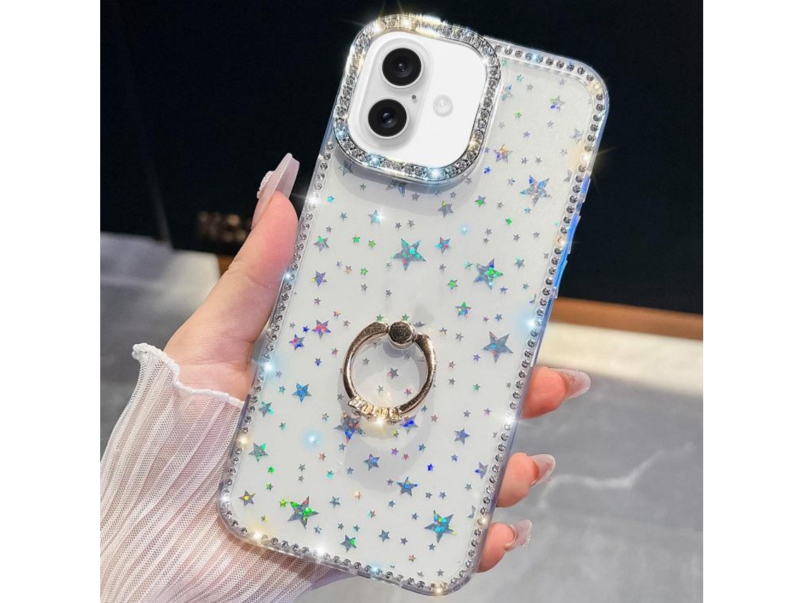 Capa Para Iphone 17 Com Glitter De Strass E Suporte De Anel, Resistente A Impactos.