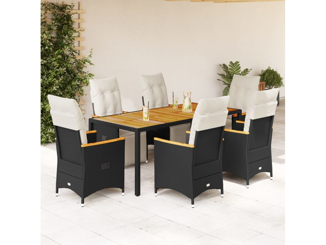 Vidaxl 7 Pcs Conjunto De Bistrô P/ Jardim C/ Almofadões Vime Pe Preto