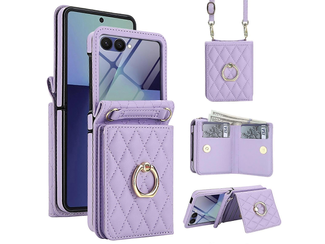 Capa Para Celular Samsung Galaxy Z Flip 7 5g Com Textura Rômbica Integrada, Compartimento Para Cartão Rfid E Cordão Longo.
