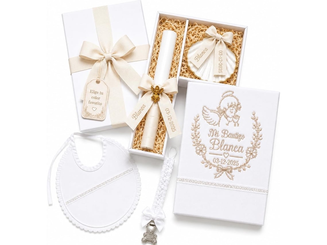 Pacote Premium De Batismo Personalizado Com Vela, Lenço, Concha E Babero De Algodão