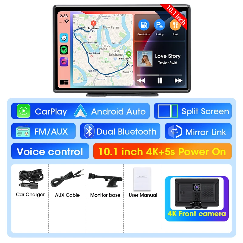 (dvr 4k) Câmera Veicular De 10,1 Polegadas, Carplay Sem Fio 4k