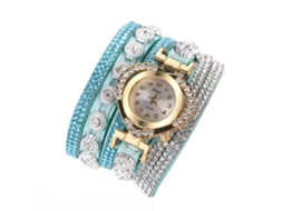 Relógio de Pulso Feminino Retro de Quartzo Multicamada com Strass Coração Azul Céu