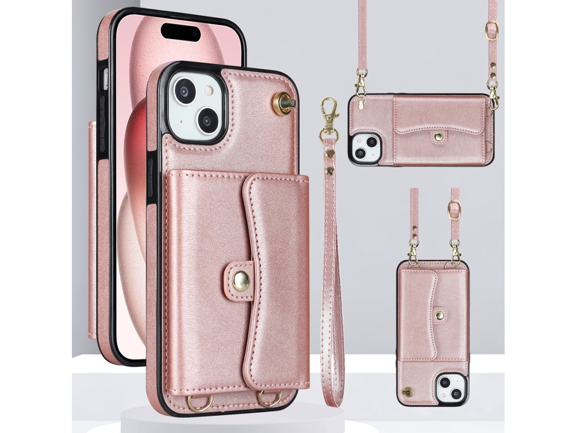 Suporte Casa Quedas Pega Para Iphone 15 Pele Sintética Com Porta-cartões Rosa