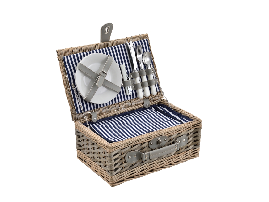Cesto De Piquenique Para 2 Pessoas Com Geleira, Talheres, Pratos, Copos Branco / Azul Casa.pro