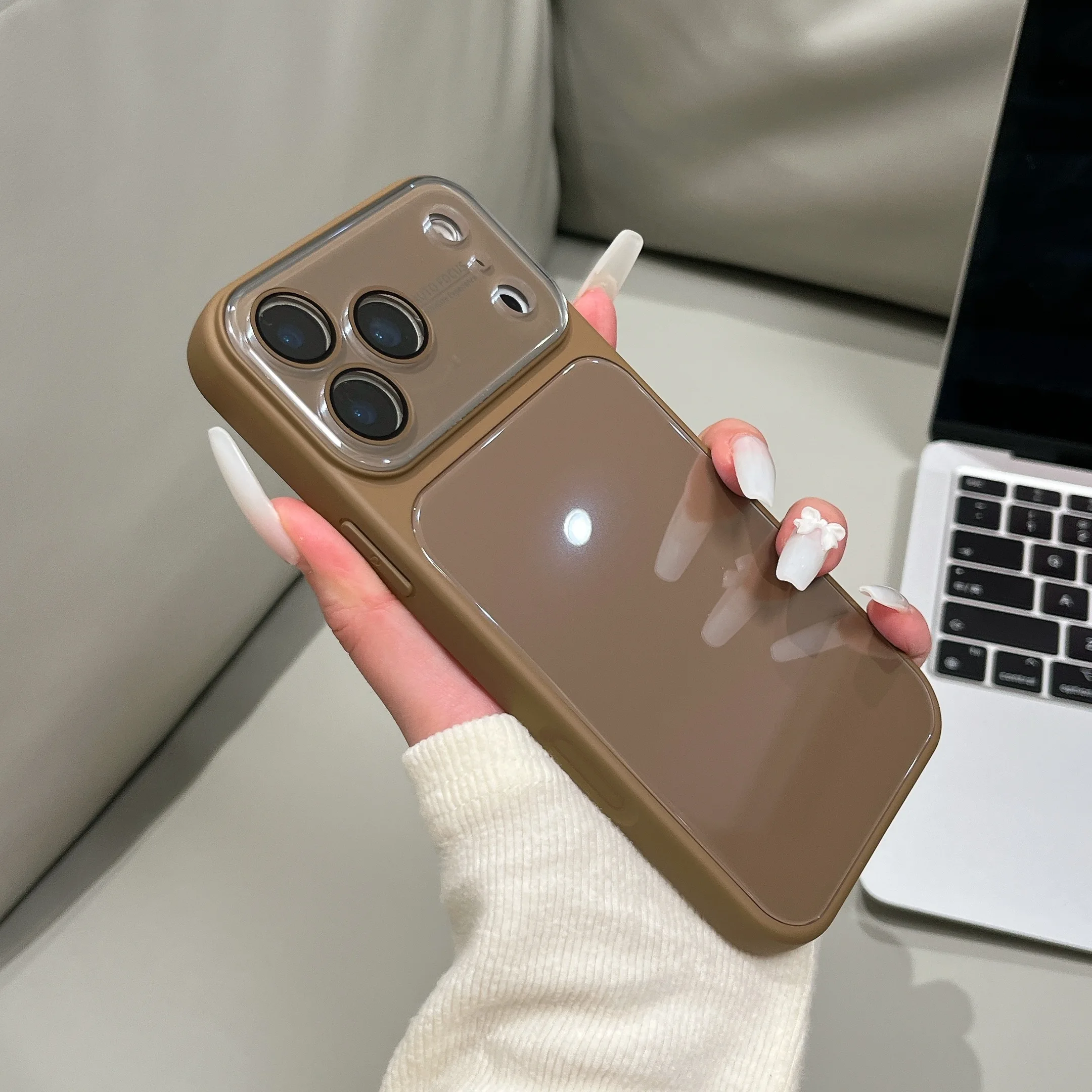 Capa De Celular Em Vidro Temperado (marrom Para Iphone 15 Pro) Com Proteção Para Lente De Cristal.
