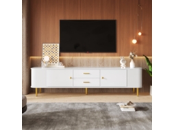 Móvel para TV KOMHTOM branco, 170x34x45 cm, cantos arredondados, pés e puxadores dourados, 2 gavetas, 2 portas