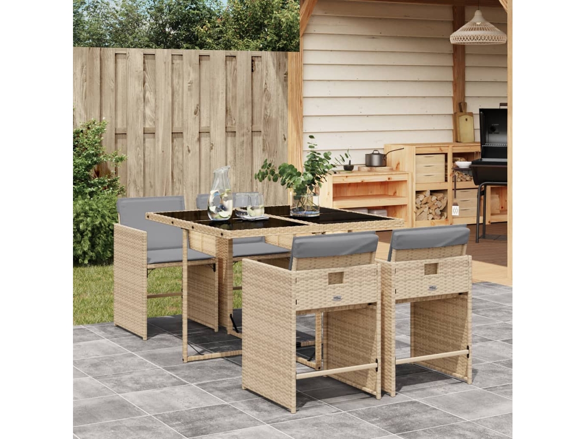Vidaxl 5pcs Conj. Jantar Jardim C/ Almofadões Vime Pe Bege Misturado