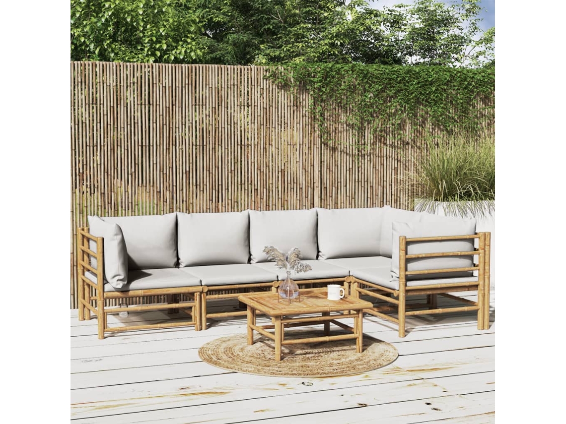 Conjunto 6 Peças Lounge De Jardim Bambu C/ Almofadões Cinza Claro Dkd Home Decor