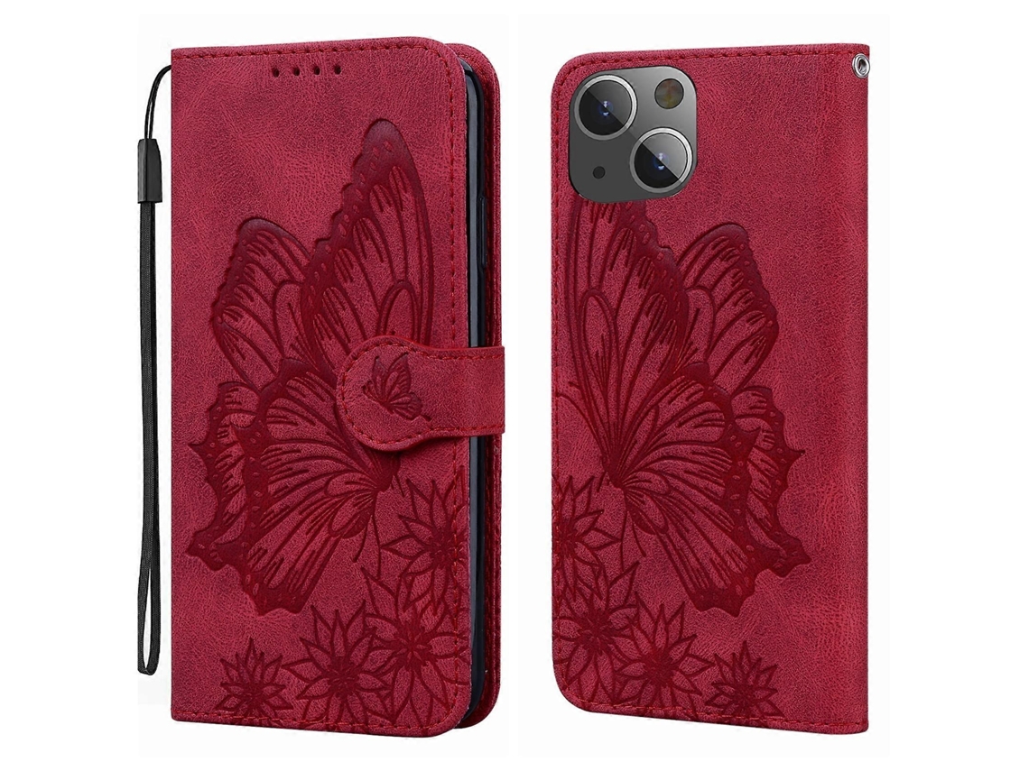Capa De Couro Com Textura Retrô E Estampa De Borboletas Para Iphone 15 Plus
