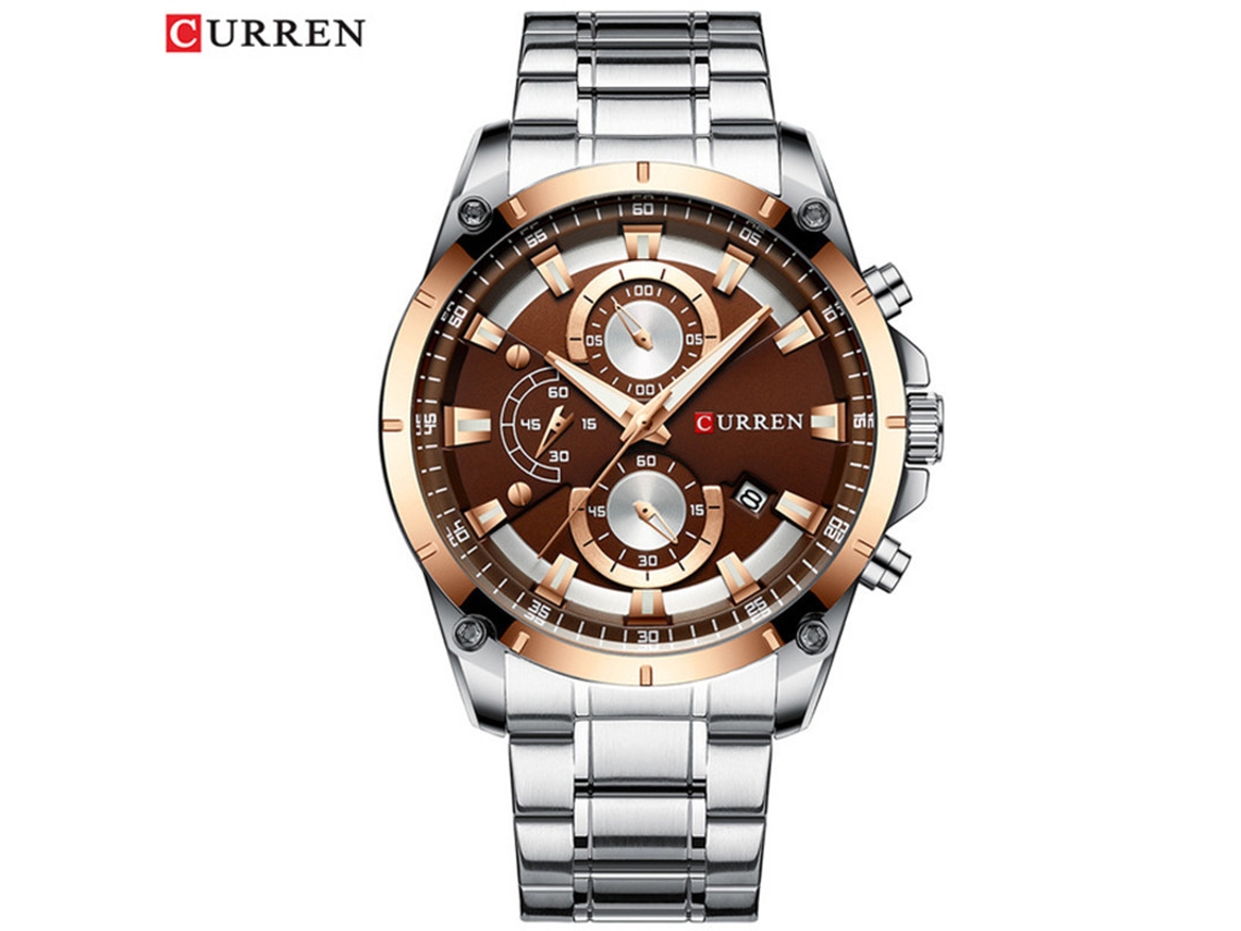 Relógio MDUG Masculino À Prova D'água com Calendário, Pulseira de Aço e Seis Ponteiros, Marrom Prateado