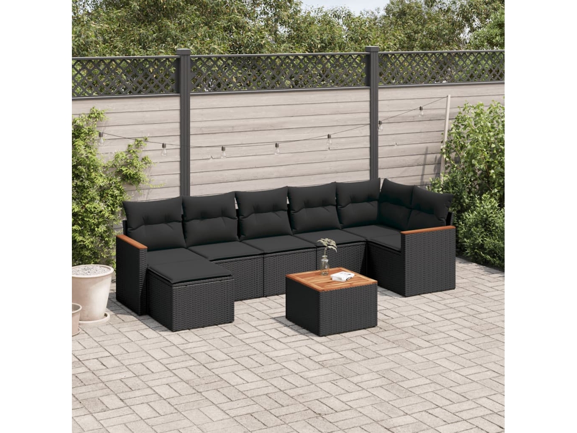 Vidaxl 8 Pcs Conjunto Sofás De Jardim Com Almofadões Vime Pe Preto