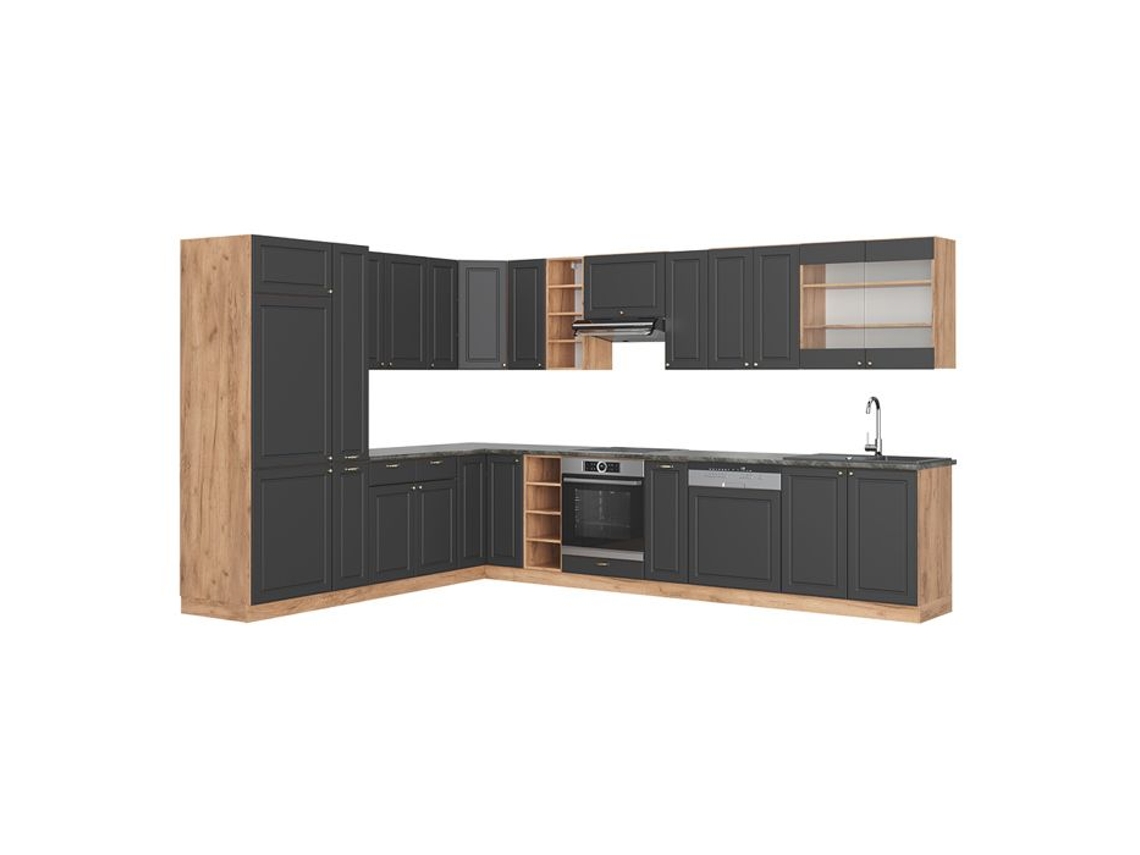 Cozinha de canto Fame-Line, 347 x 257 cm, PT Antracite, Country Antracite/Carvalho Dourado, VICCO