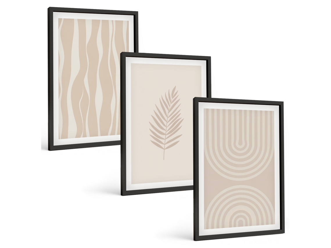 Pinturas Murais Modernas Padrões De Plantas Em Bege Moldura Preta Quadros Para A Sala De Estar Espelharte (3 Piezas De 40x60 Cm)
