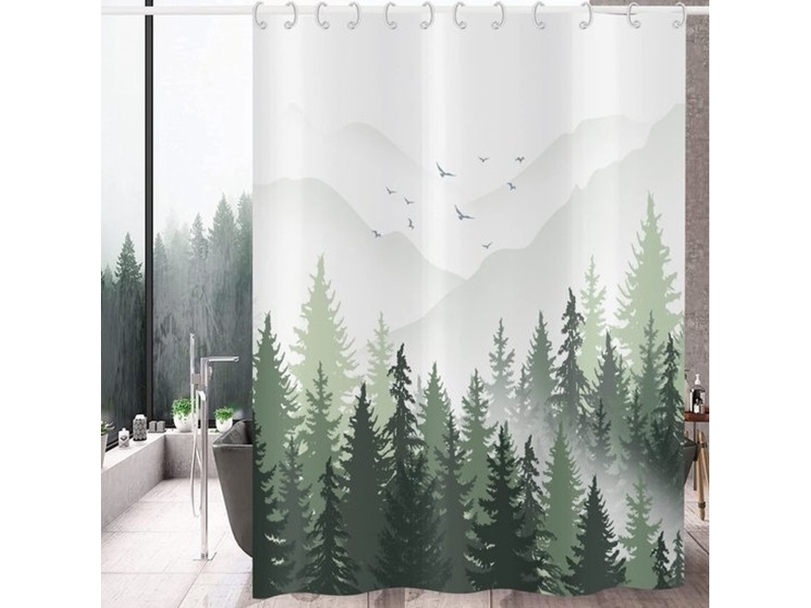 Pano De Ducha - Verde - Impermeável - 180x180 Cm - Design Da Natureza - Lavar Na Máquina - Polyester - Apto Para Banheiro - Floresta Mística