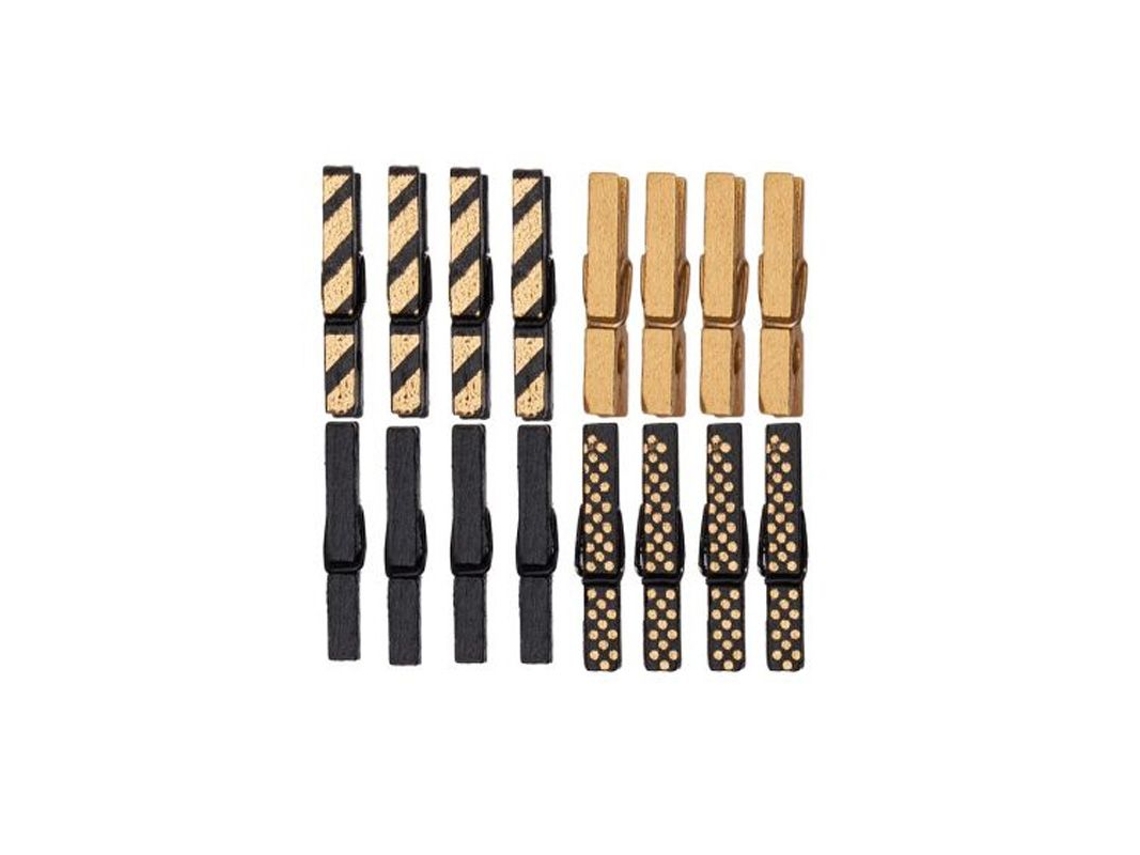 16 mini pinzas de madera con líneas negras y doradas