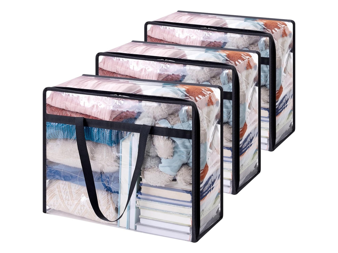 Conjunto De 3 Sacos Transparentes Para Armazenamento De Roupas, Sacos Plásticos De 40l Para Cobertores Com Zíper