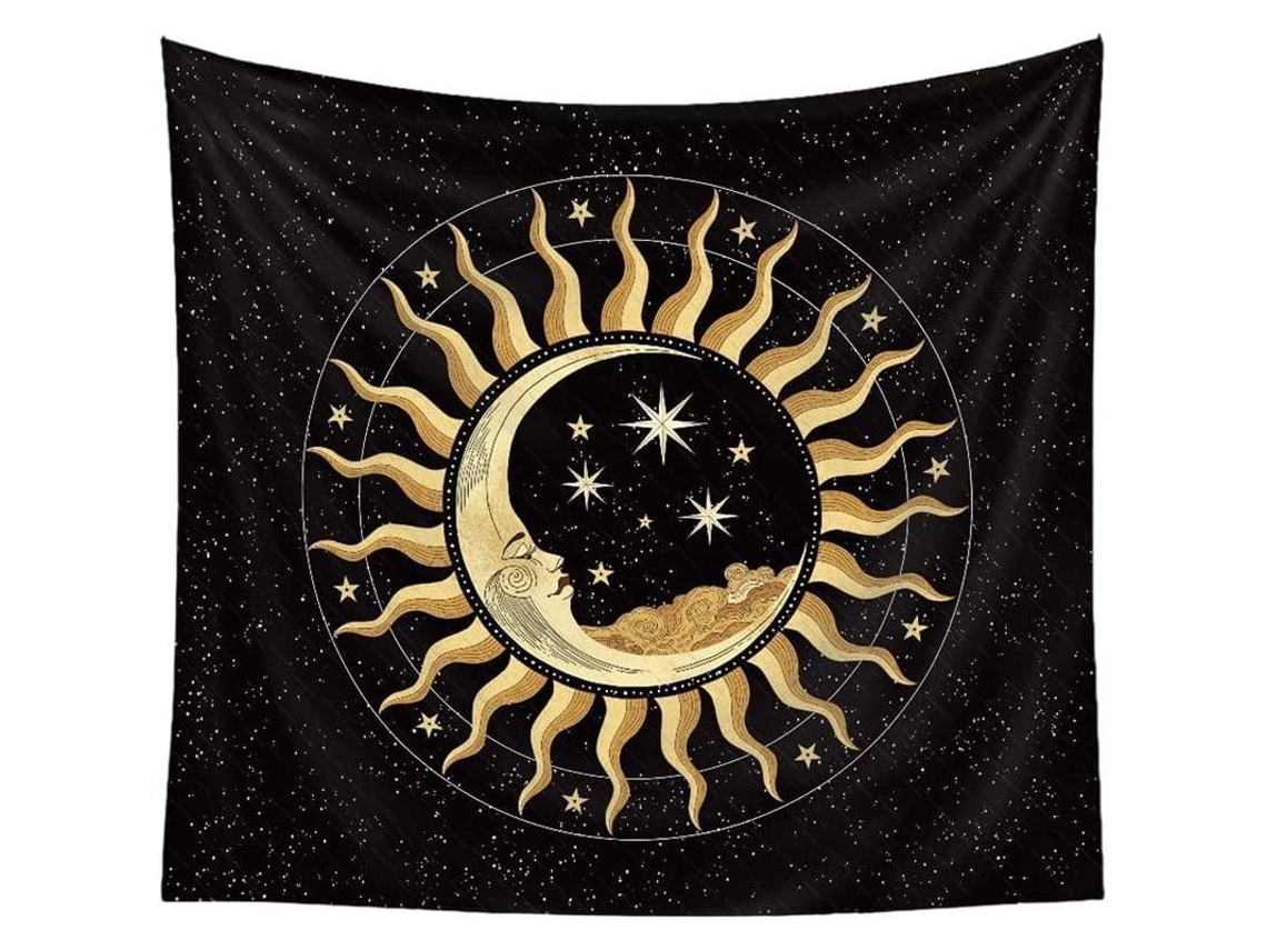 Tapeçaria Sol e Lua, Estrelas Hippie, Decoração de Parede para Sala de Estar, Manta de Tecido Macio Escovado, 100x150 cm
