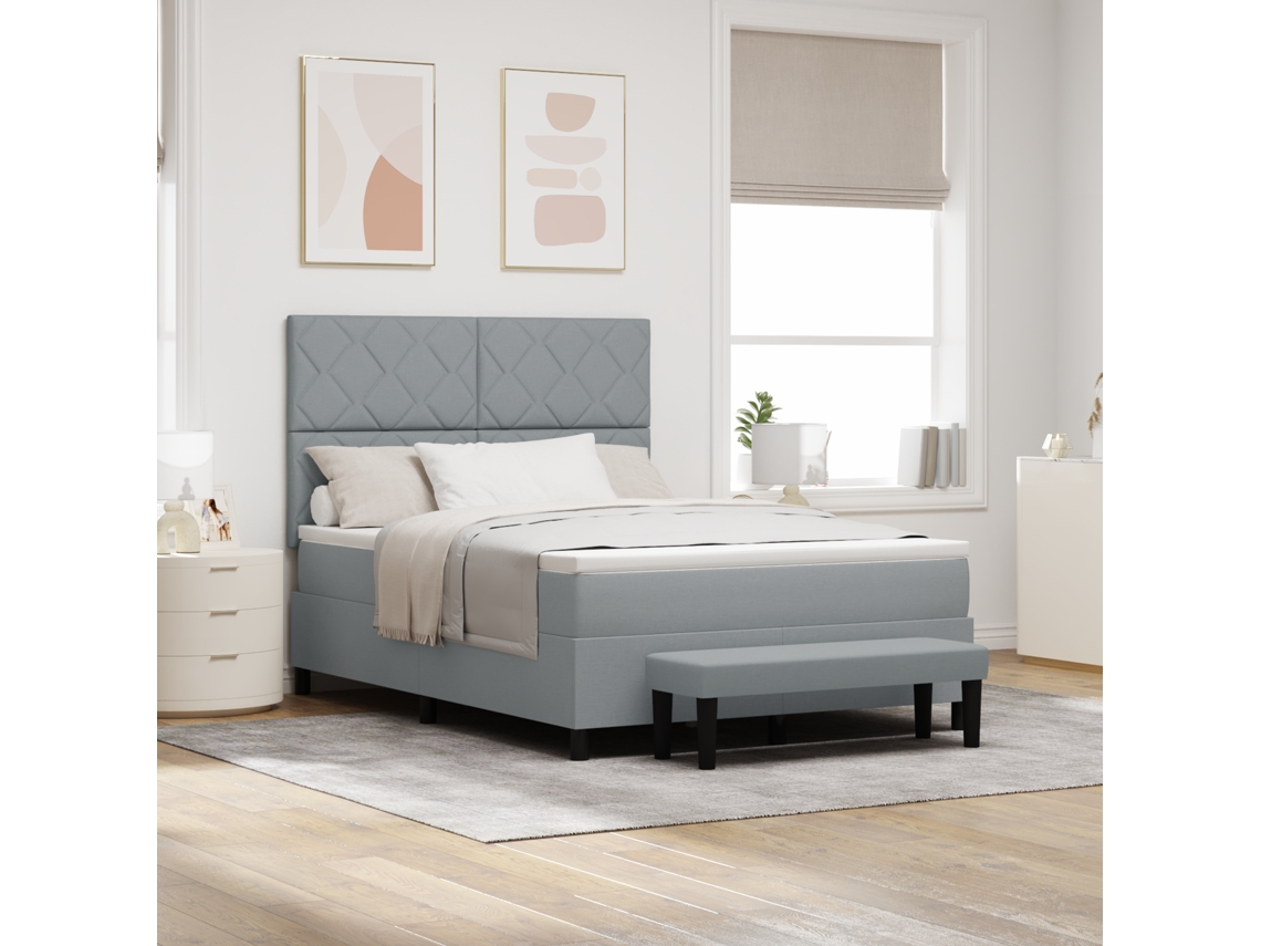 Cama Box Spring Com Colchão E Banco Cinza Claro 140x200 Cm Tecido
