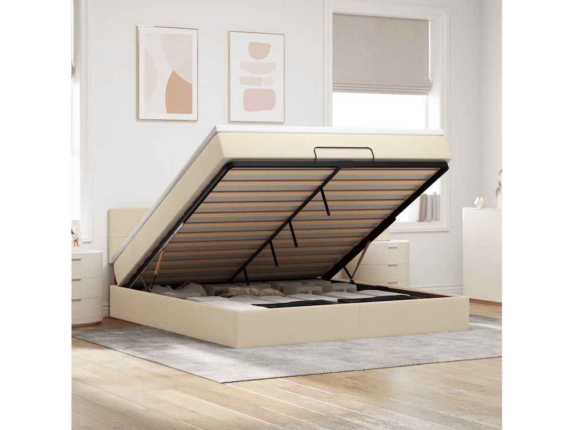 Estrutura De Cama Otomana Com Colchão Tecido Creme 160x200cm
