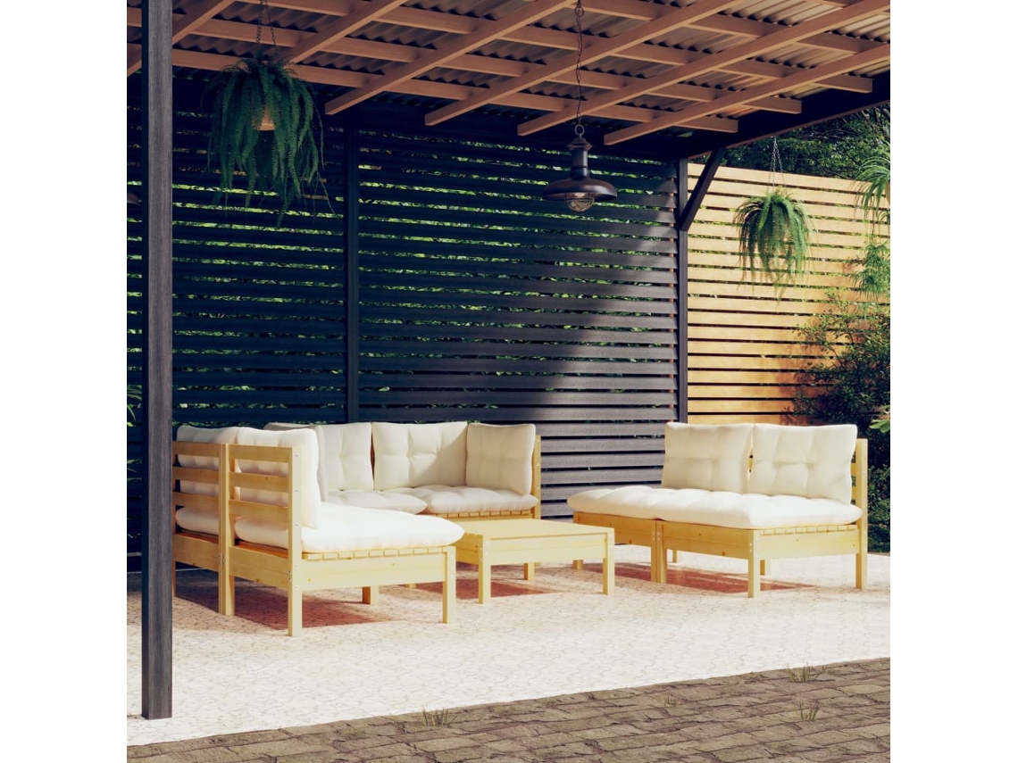 Pcs Conjunto Lounge Jardim C/ Almofadões Creme Pinho Maciço Dkd Home Decor