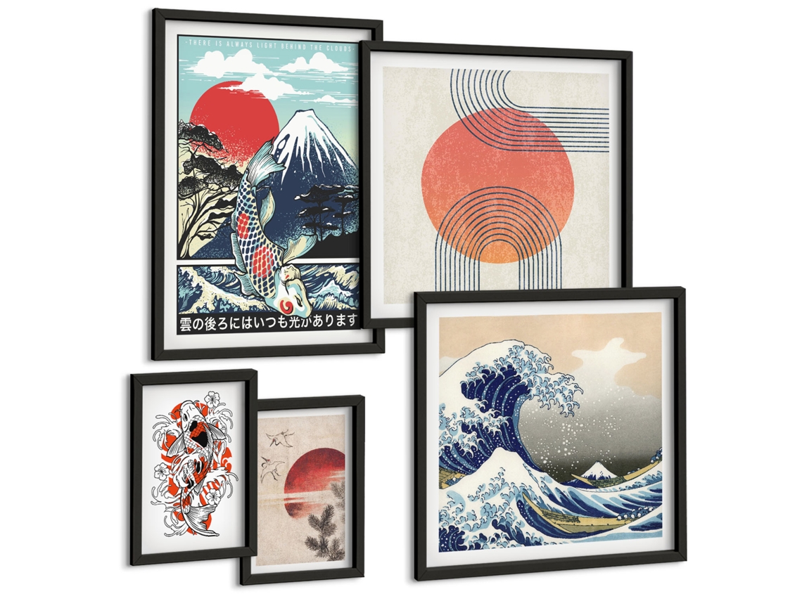 Conjunto De Pinturas Arquitetura De Cidades Na Água Moldura Preta Quadros Para O Escritório Espelharte (conjunto De 5 Imagens)