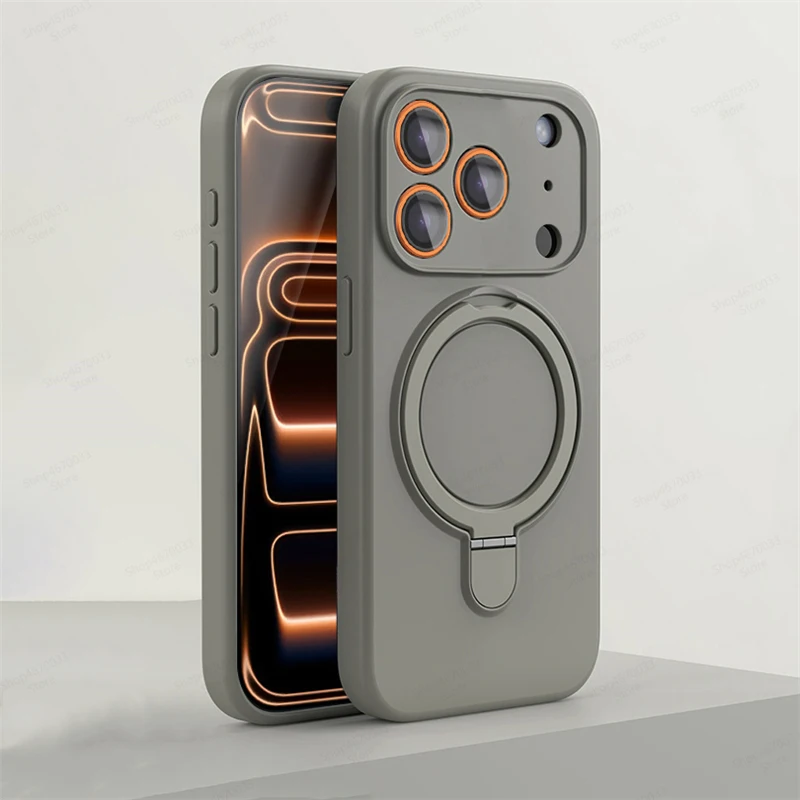 Capa Magnética De Silicone Para Iphone 16 (cinza) Com Suporte E Anel.